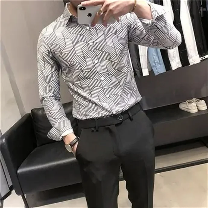 Wholesale high quality spring and autumn new lapel printed shirt casual slim long sleeve men's shirt