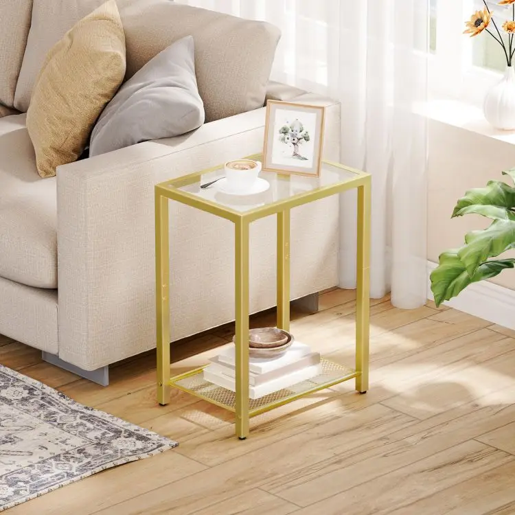 Wholesale Metal Modern Square Tempered Glass 2 Tier Bed Side End Tables with Storage Nightstand for Tight Spaces for Living Room