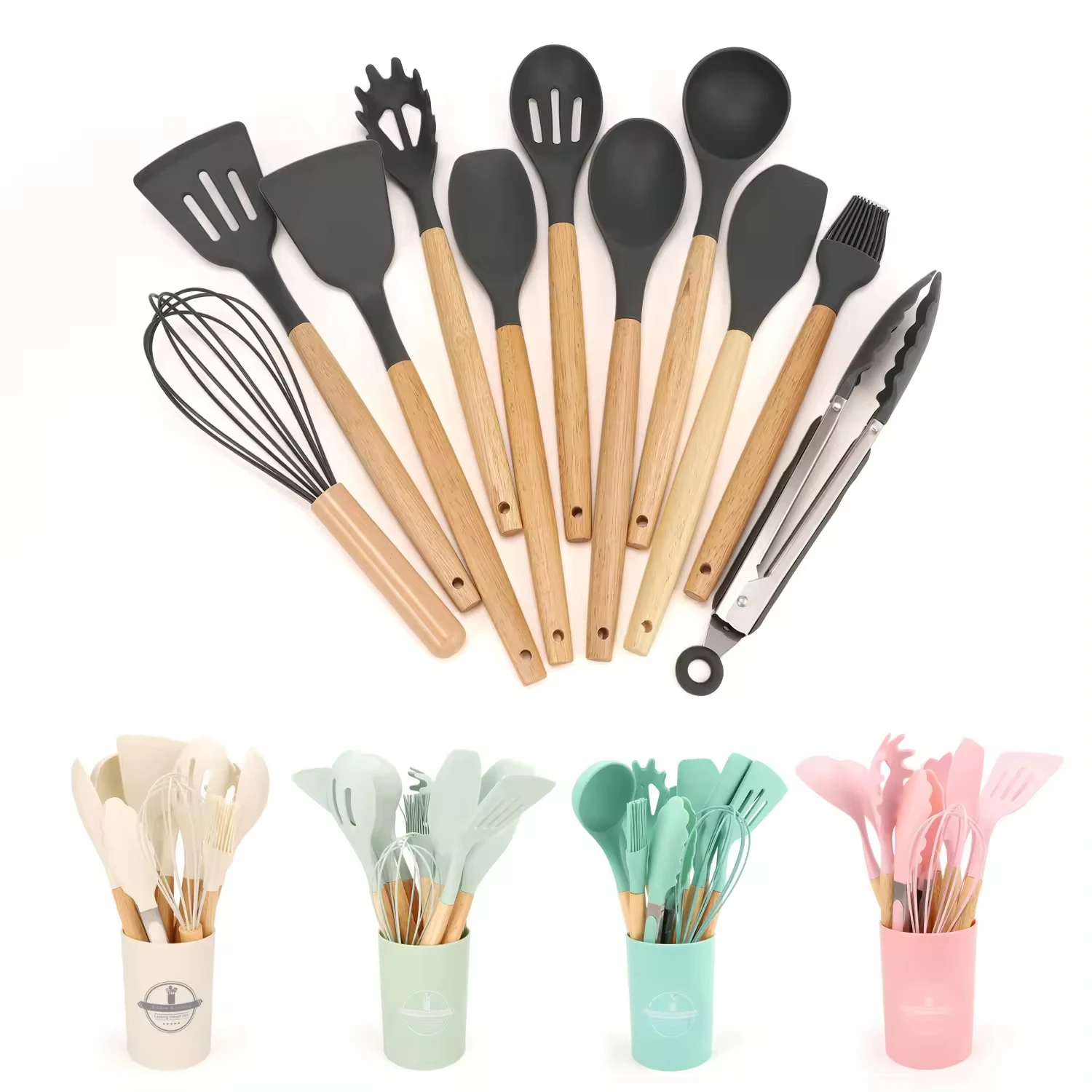 Sell well Complete Kitchen Utensil Set 12 Piece Non-Stick Cooking Silicone Kitchenware Kit kitchen utensils Wooden Handle