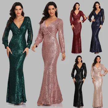Vestidos De Fiesta Ladies Evening Gown Dress Elegant Sequins Party Dresses Luxury Womens Dinner Dress With Long Sleeve
