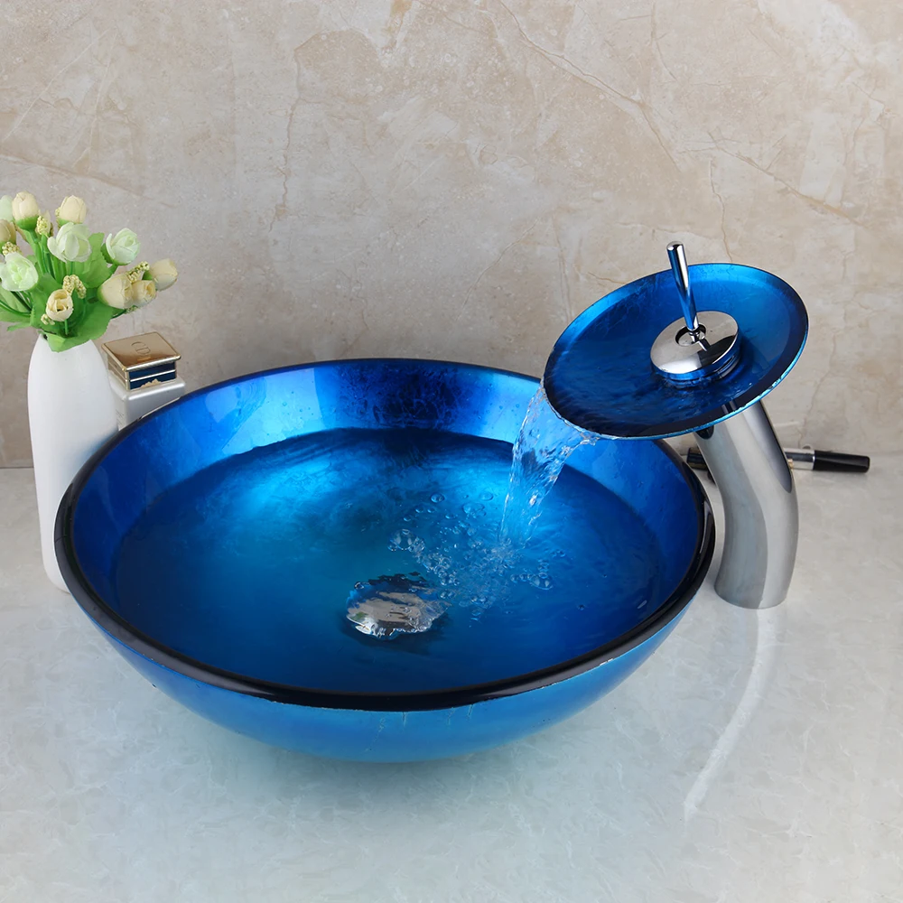 Bathroom Round Tempered Glass Bowl Vessel Sink Basin Waterfall Mixer Faucet Taps 