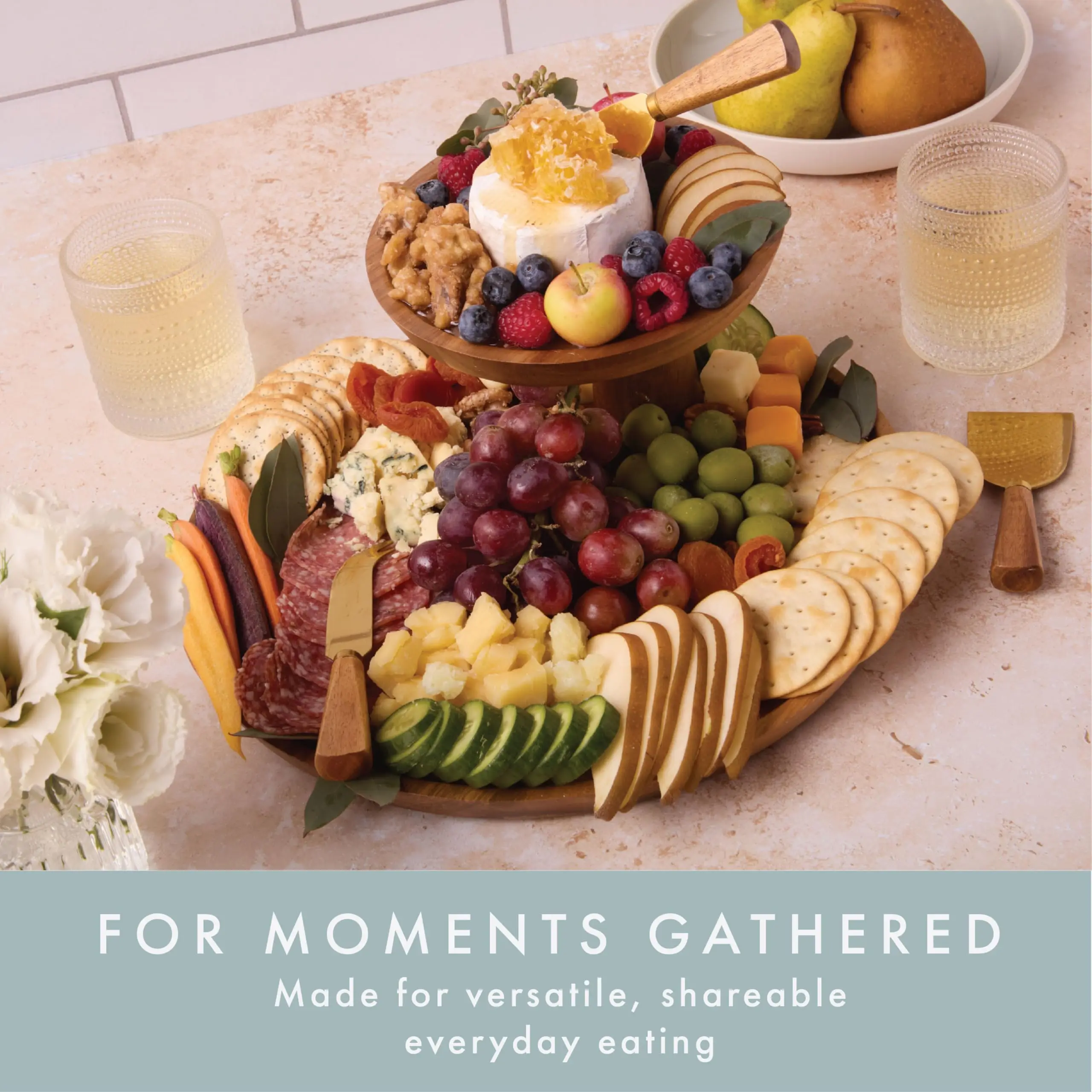 product acacia wood cheese board 2 tier charcuterie board set round cheese serving tray with knives bowls honey dipper for party-7