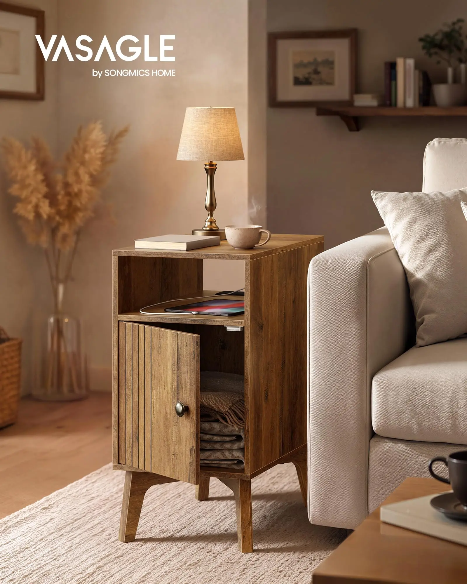 product mid century modern nightstand with charging station fluted wooden end table with usb ac outlets cabinet for bedroom living room-4