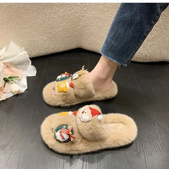 Hot selling women indoor cute fashion christmas fluffy cozy winter warm soft slippers