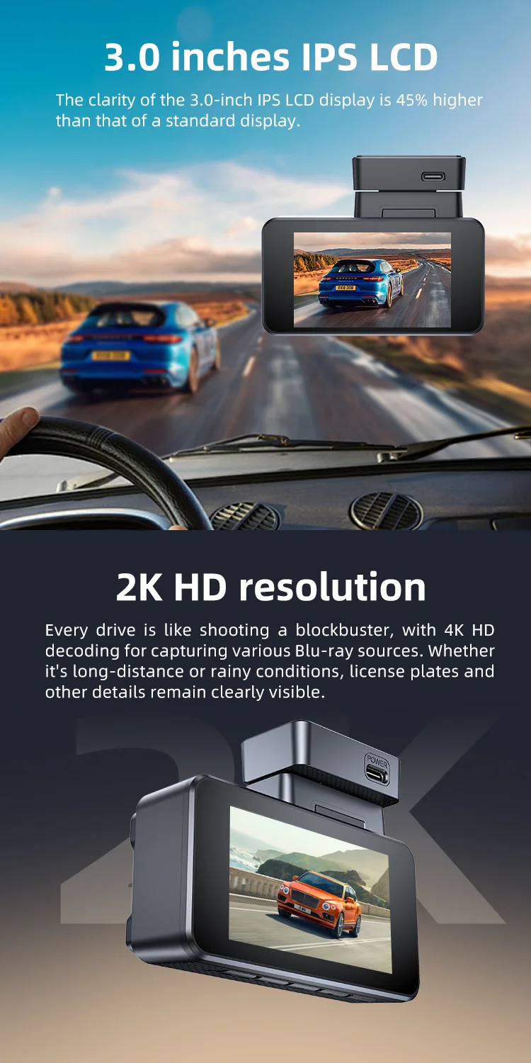 Factory Outlet AHD Dual Lens 3 Inch IPS LCD with Real 2K+2K Dashcam Black Box Type-C Power Tracking and Speed Private Car manufacture