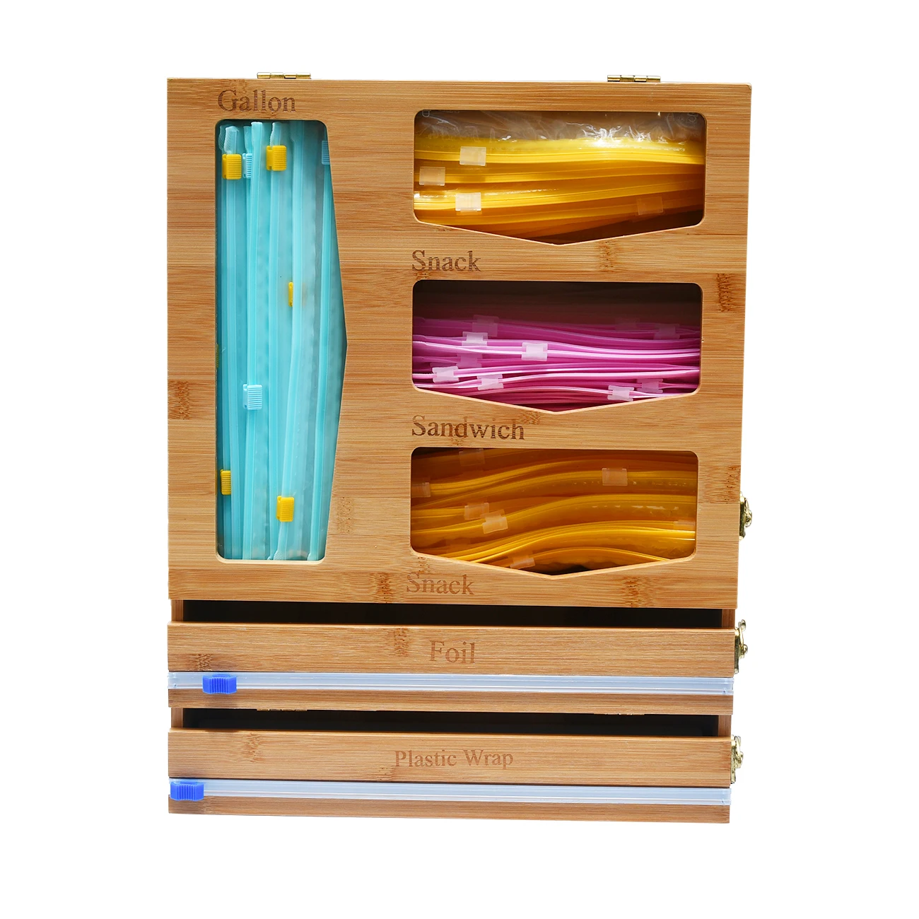 Bamboo Kitchen Drawer Organizer Foil Wrap Dispenser  With Cutter Holder Ziplock Bag Food Storage Organizer