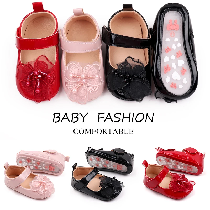 Solid Color PU Leather Veil Quality Flowers Pearl Stamen Elegant Princess Toddler Shoes for Baby Girls supplier