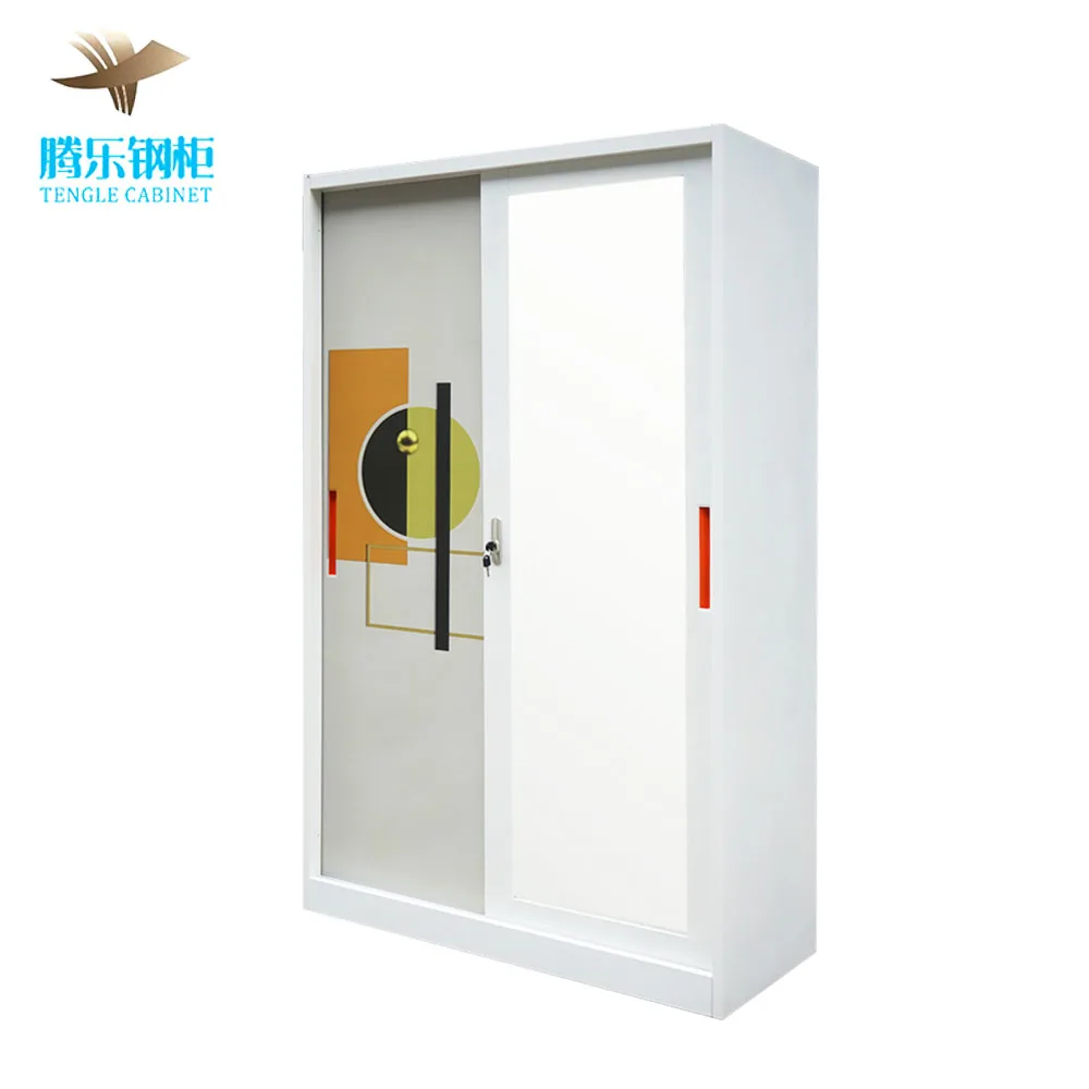 Bedroom Wardrobe 2 Sliding Doors Metal Wardrobe Printed Steel Iron Closet Wardrobe with mirror Steel Cabinet For Home