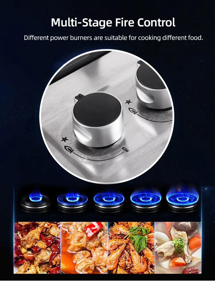 Hot Sale Cooking Appliances Counter Top Built In Gas Stove Portable Kitchen 5 Burners Stainless Steel Gas Cooktop