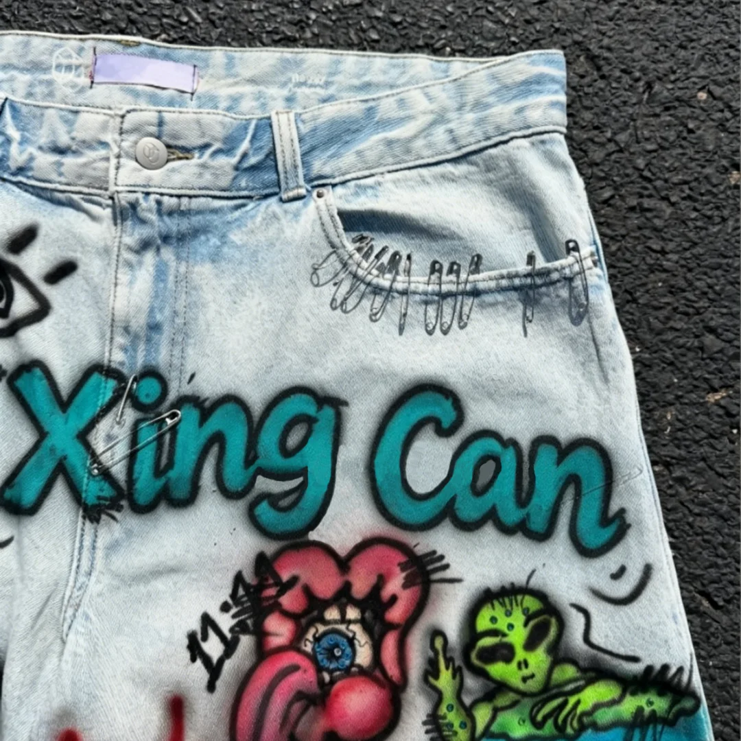 product summer custom cotton vintage acid wash denim shorts dtg digital print rhinestones hand frayed raw hem customizable-4