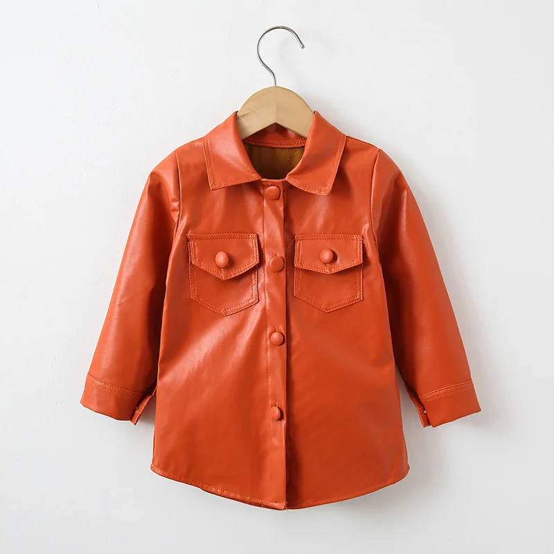 2022 Autumn winter kids PU jacket one pieces solid color baby girls and boys outwear leather fashion jackets
