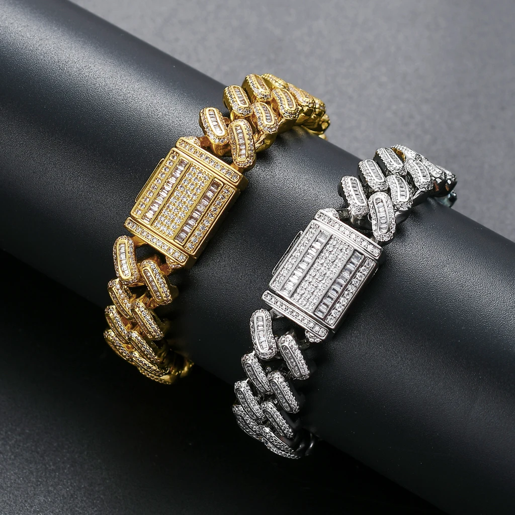 15mm hot wholesale custom 14k gold men women hiphop vvs moissanite iced out baguette cz diamond miami cuban link chains necklace