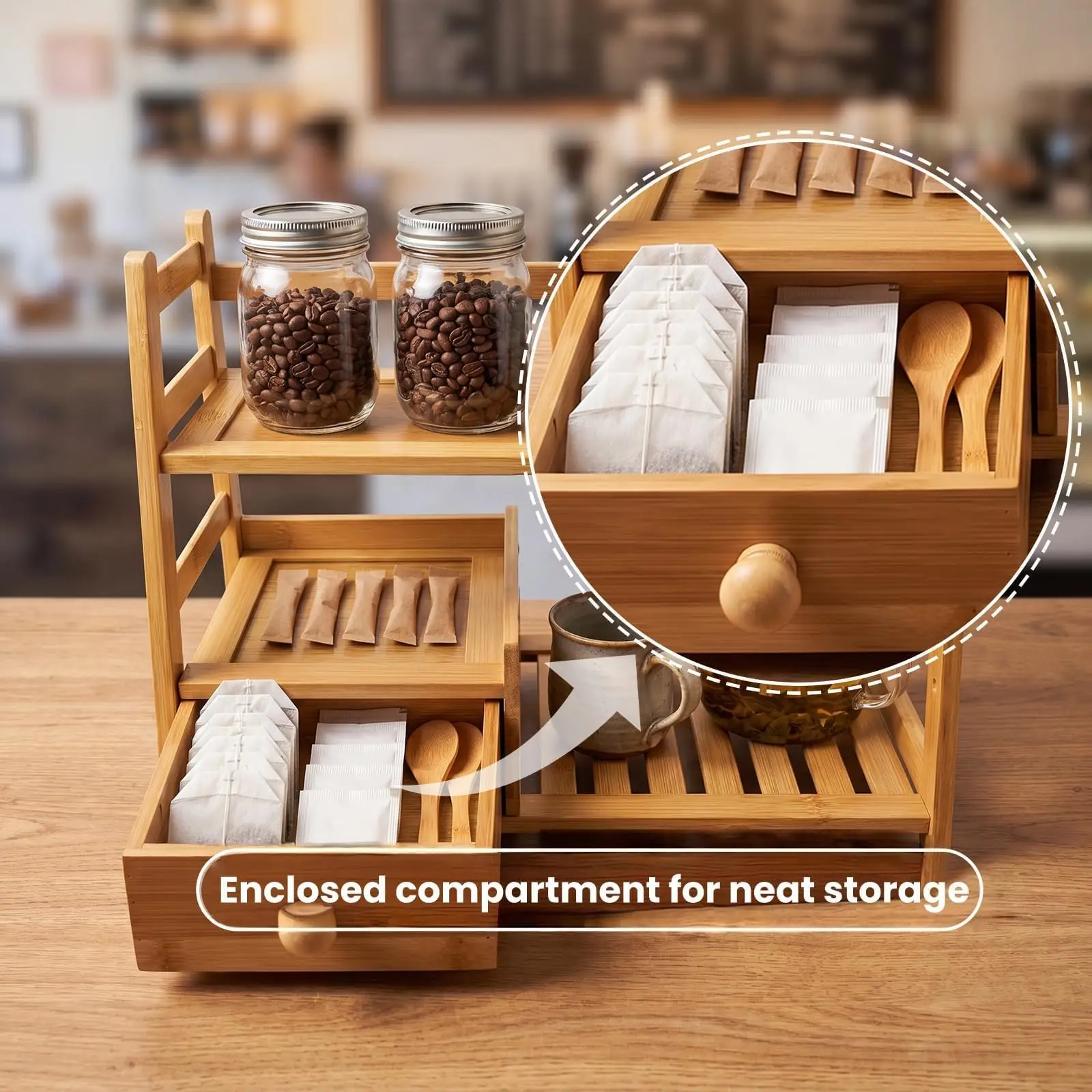 product bamboo tea matcha coffee station with drawer tea rack countertop tea bag display shelf tea station storage rack for kitchen-8