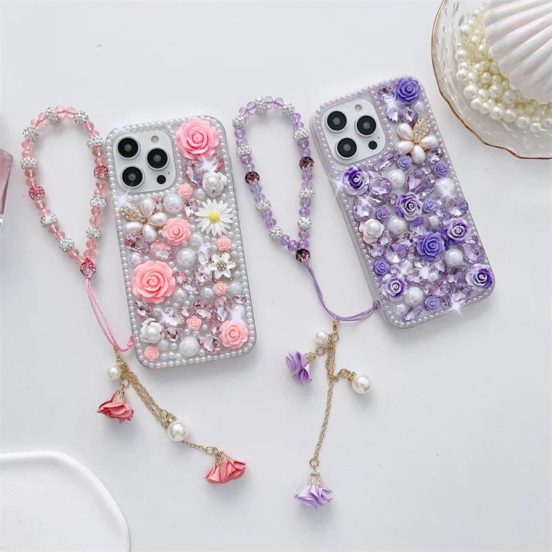 Luxury Bling Diamond Pearl Flower Phone Case For iPhone 15 Pro Max 14 13 12 11 Xs Xr Xs Max Rhinestone Mobile Covers For Girls