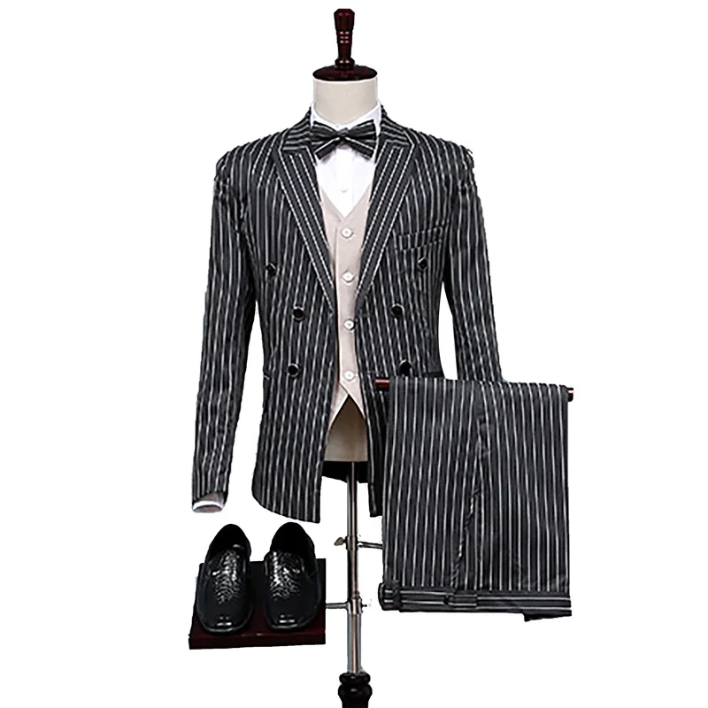 Custom Luxury Fashion Business Striped 3 Pieces Men Suit Wedding Double Breasted Notch Lapel Groom Tuxedo Suit