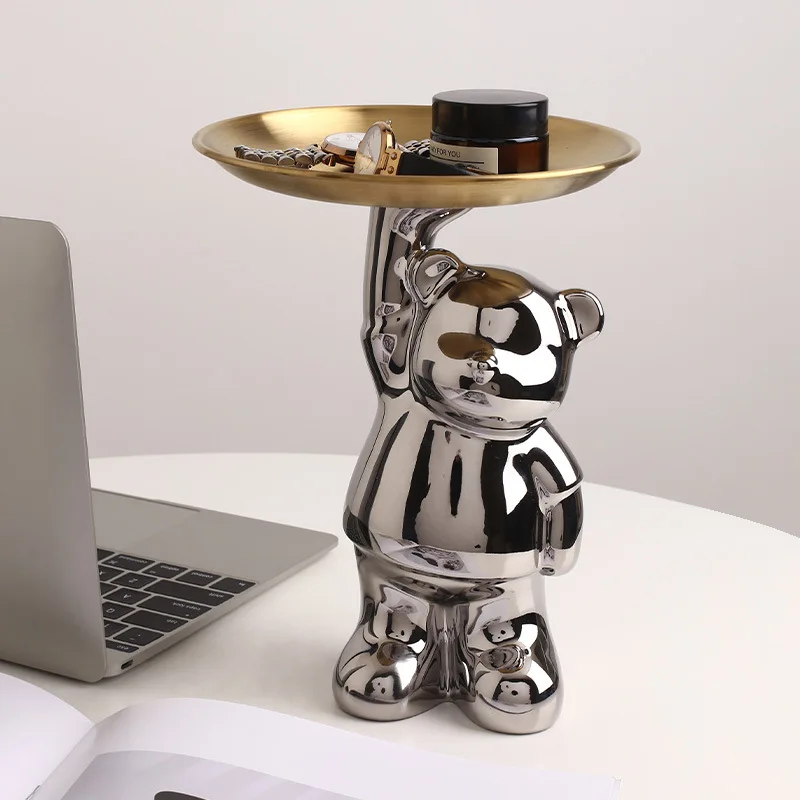 Silver Bear Tray Decor Figurine Gold Metal Plate Shiny Modern Minimalist Home Desk Entryway Small Item Organizer