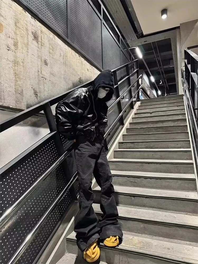 American High Street Vibe Style Niche Handmade Washed Denim Brushed Wax Coating Slim Flared Stretchy Straight Trousers Men manufacture