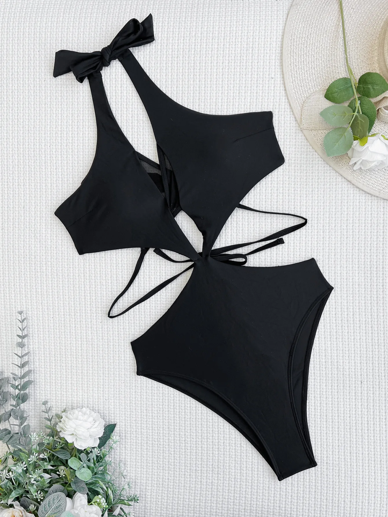 Y1584 Sexy See Through One Piece Swimsuit Women Solid Black Mesh