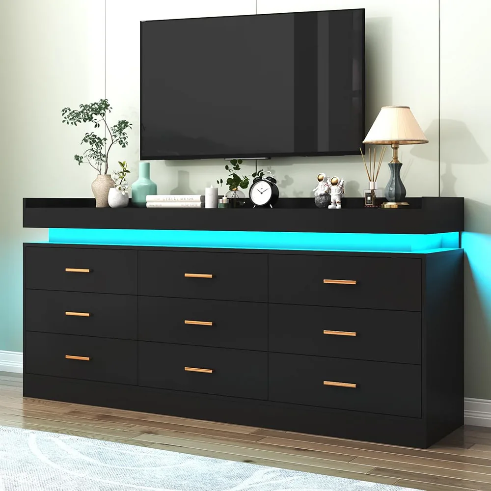 product 9 drawer modern wood dresser with led light charging station black bedroom living room storage cabinet-3
