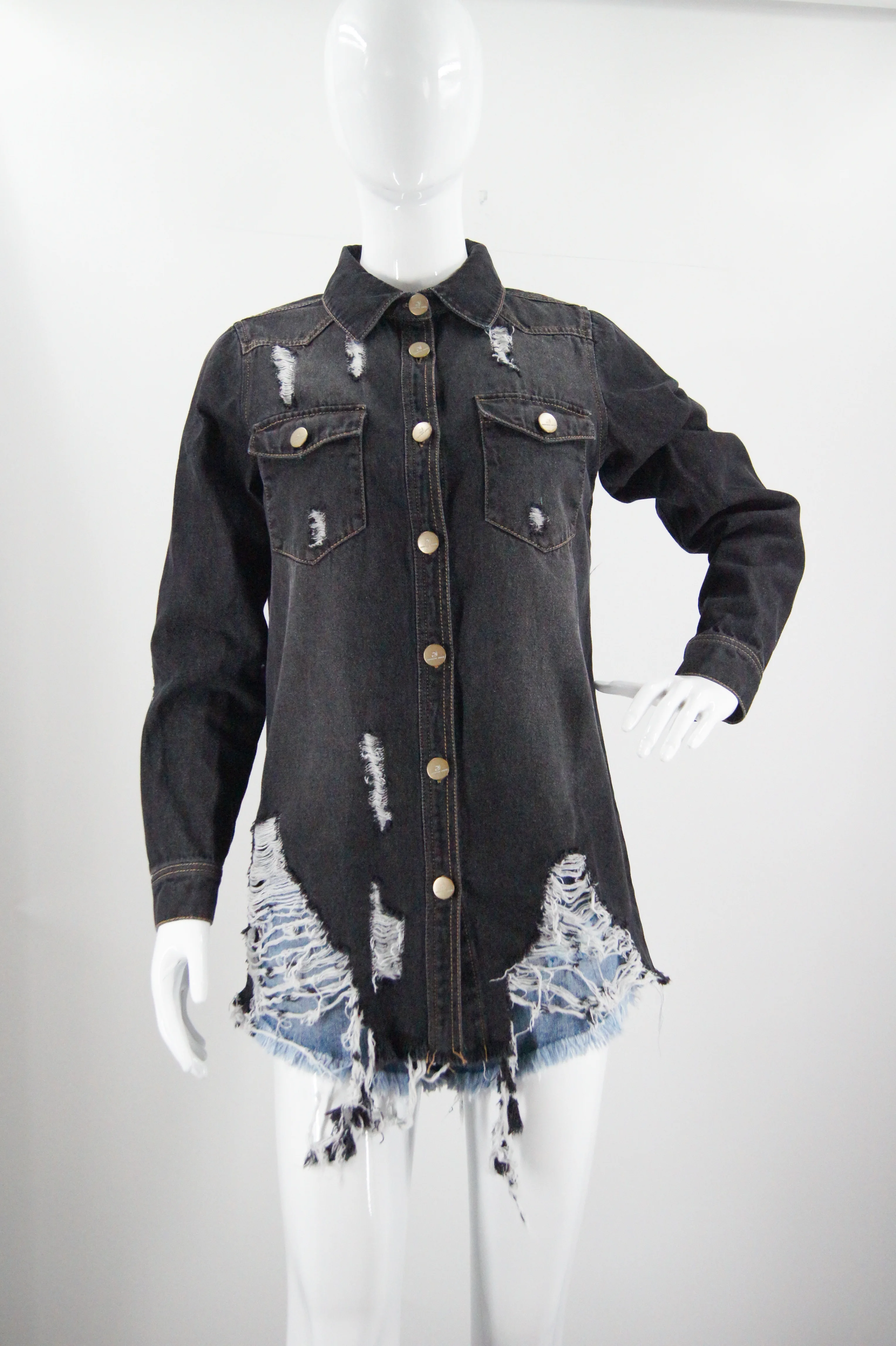 Hot Selling Women's Casual Long Sleeve Denim Shirts Loose Fit Ruffled Collar Solid Pattern Blouse Top Direct Wholesales supplier