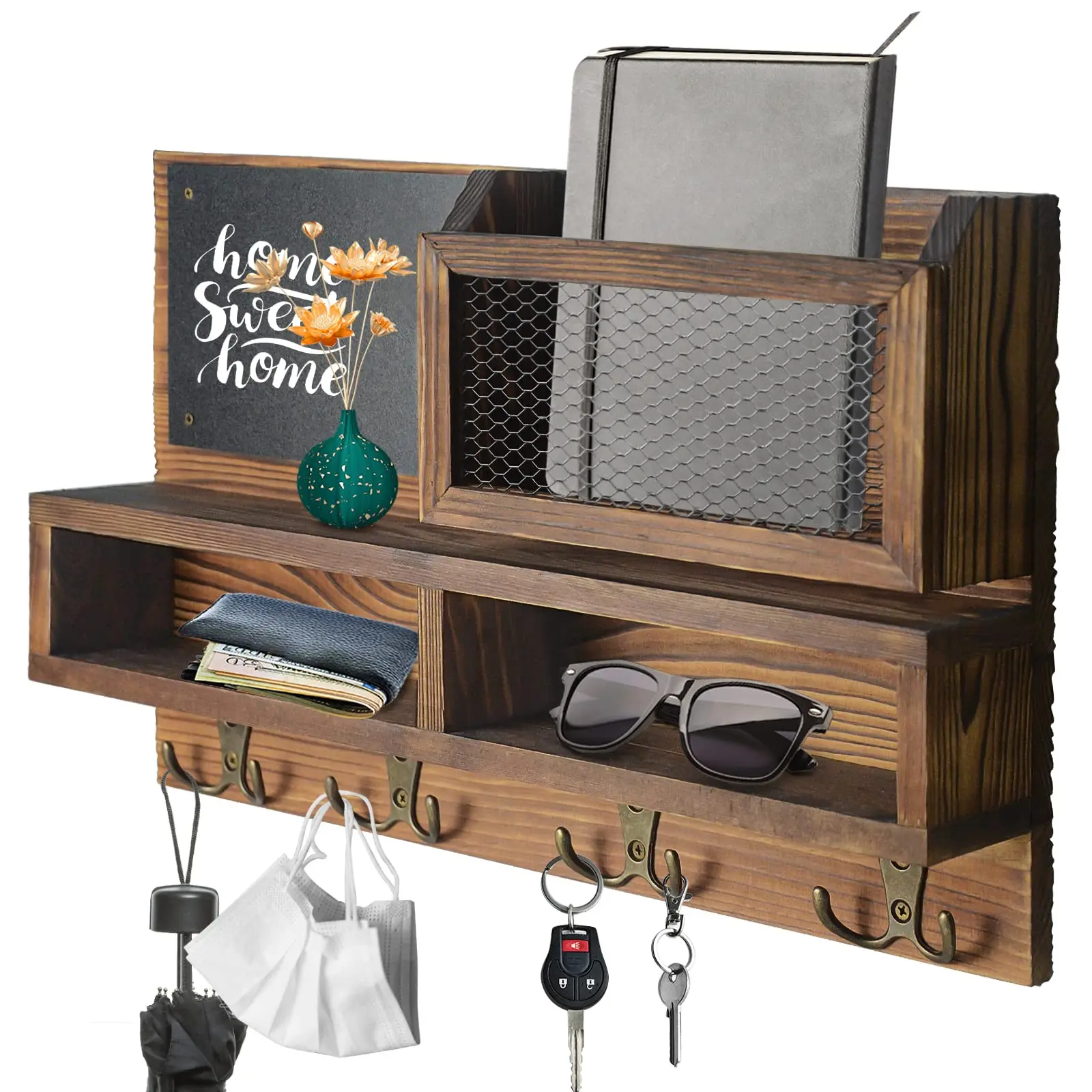 product custom rustic wood entryway shelf with key hooks mail organizer wall mounted home decor storage rack for coats keys-8