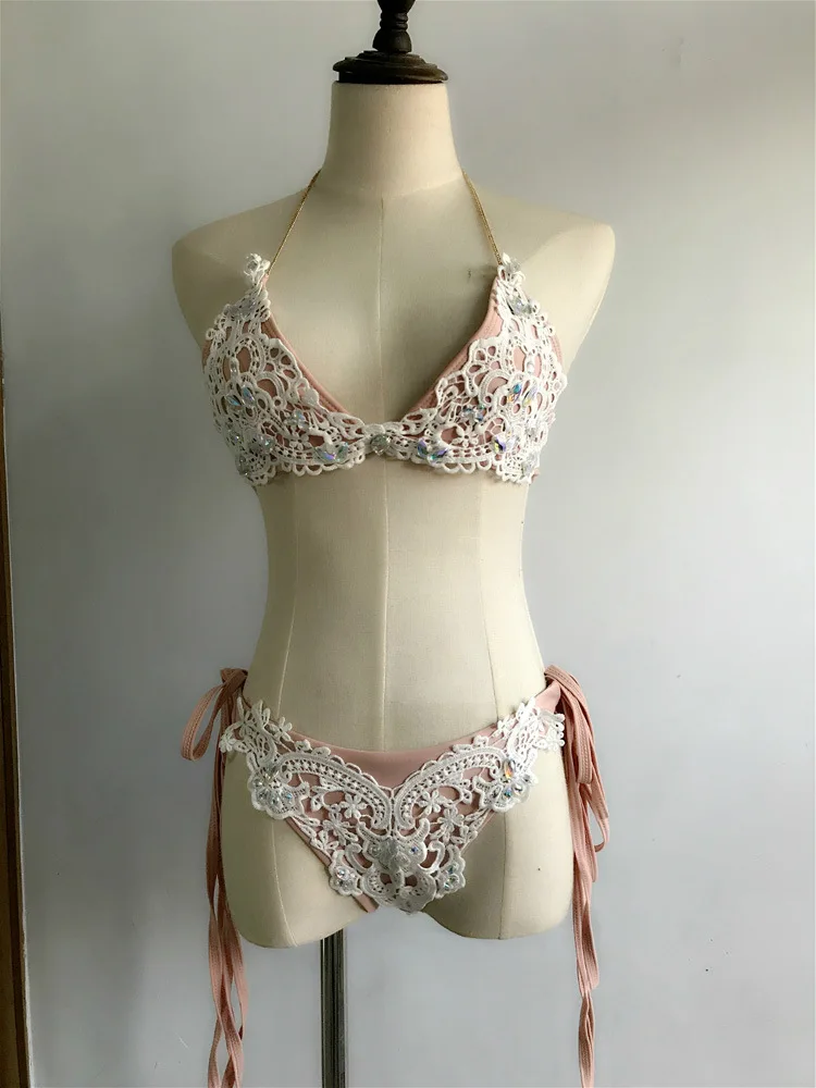 Triangle Sexy Bikini Embroidered Split Swimwear Lace Up Pink