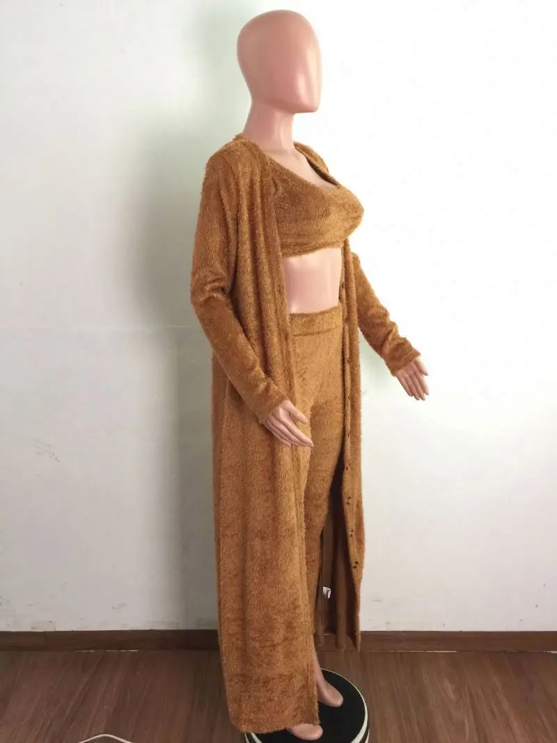 wholesale Women Clothing 3 Pieces True Size Fashion Thicken Coat for Women Cardigan and Long Pants 3 Piece Set Fur Coat Sets