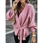 2021 European American Women's Long Sleeve Cardigan Knit Lace Up Top Sweater