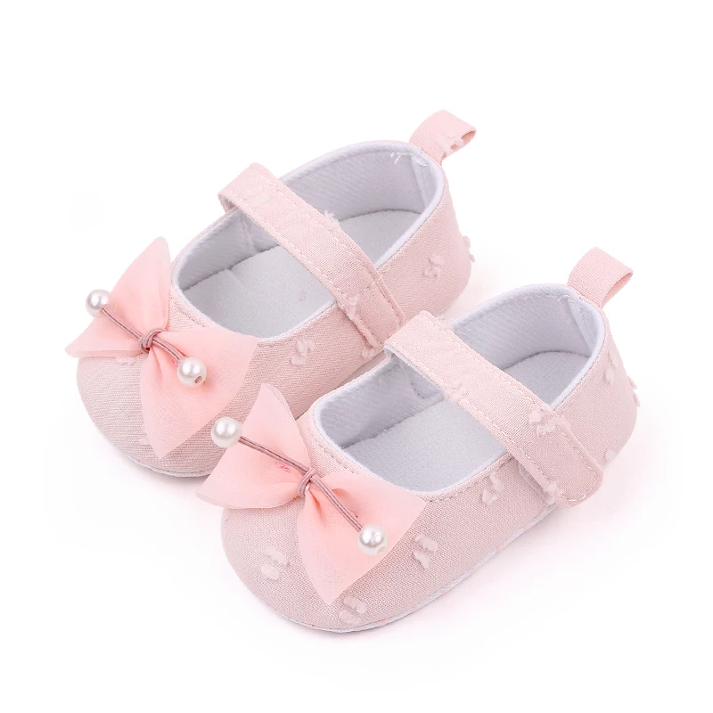 New Solid Color Pearl Yarn Bow Soft Soled Non-slip Princess Toddler Shoes for Baby Girls supplier