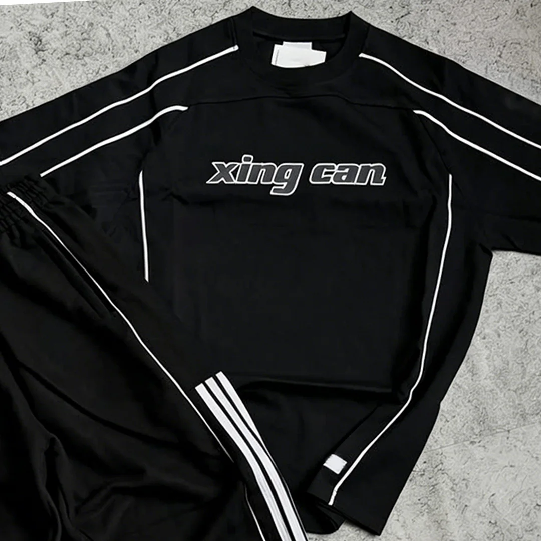 product 100 cotton custom streetwear tracksuit men oversized silhouette screen print t shirt casual sweatpants two piece set-3