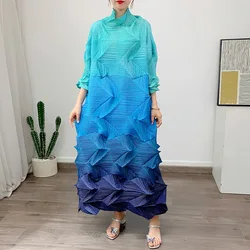 JUES New Ladies Elegant Pleats Gradient Casual Plus Size Loose Over The Knee Pleated Dress Long Dresses Women