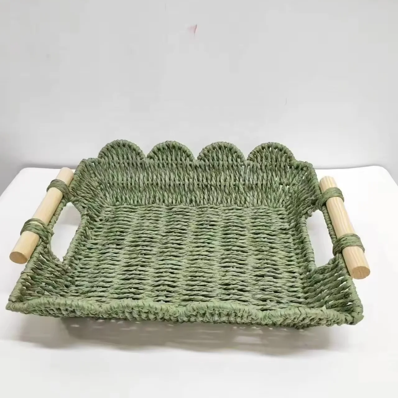 Hand woven small wicker basket, circular paper rope storage basket, with wooden handle