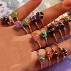 Stone Rings 18K Gold Plated Healing Crystal Stone Wire Beads Geometric Rings Finger Jewelry Set