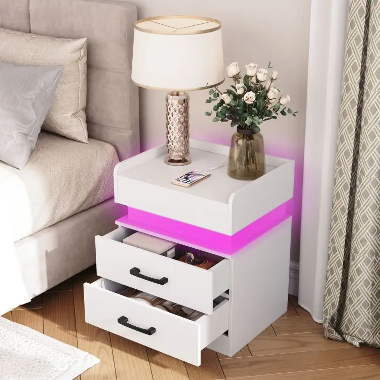 Custom Nightstand with LED Light, OEM Modern Bedside Tables with Colorful LED Lighting, Lighted Bed Side Accent Lamp Table