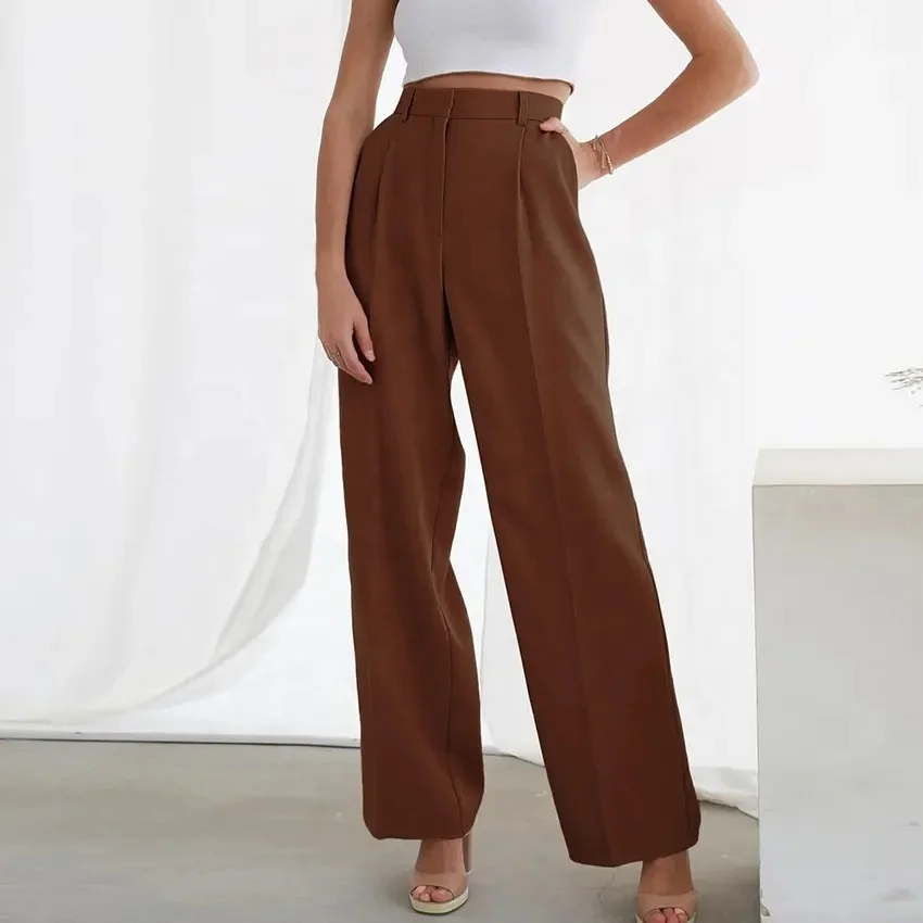 Women's wide-leg slacks with pocket lightweight high-waisted adjustable tie knot slacks