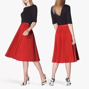 Custom Oem High Quality Pleated Set Trending Red Silk Midi Skirt Women Customized Skirts