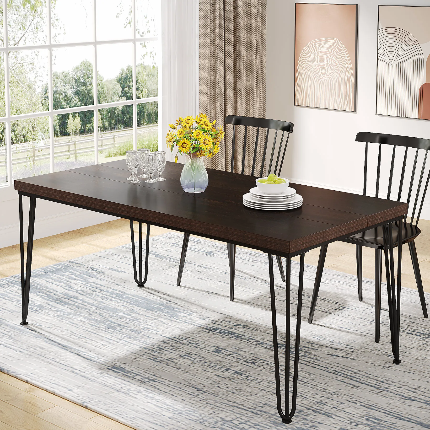 Tribesigns new style dining room furniture modern simple wood metal brown dining table for 6 people