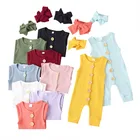 Cotton Clothes Summer Plain Cotton Sleeveless 1 Piece Jumpsuit Outfits Clothes Ribbed Baby Romper And Headband Set