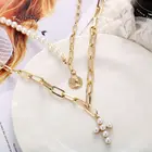 Inlaid Pearl Cross Necklace Creative Vintage Seal Inlaid Pearl Sweater Chain Women