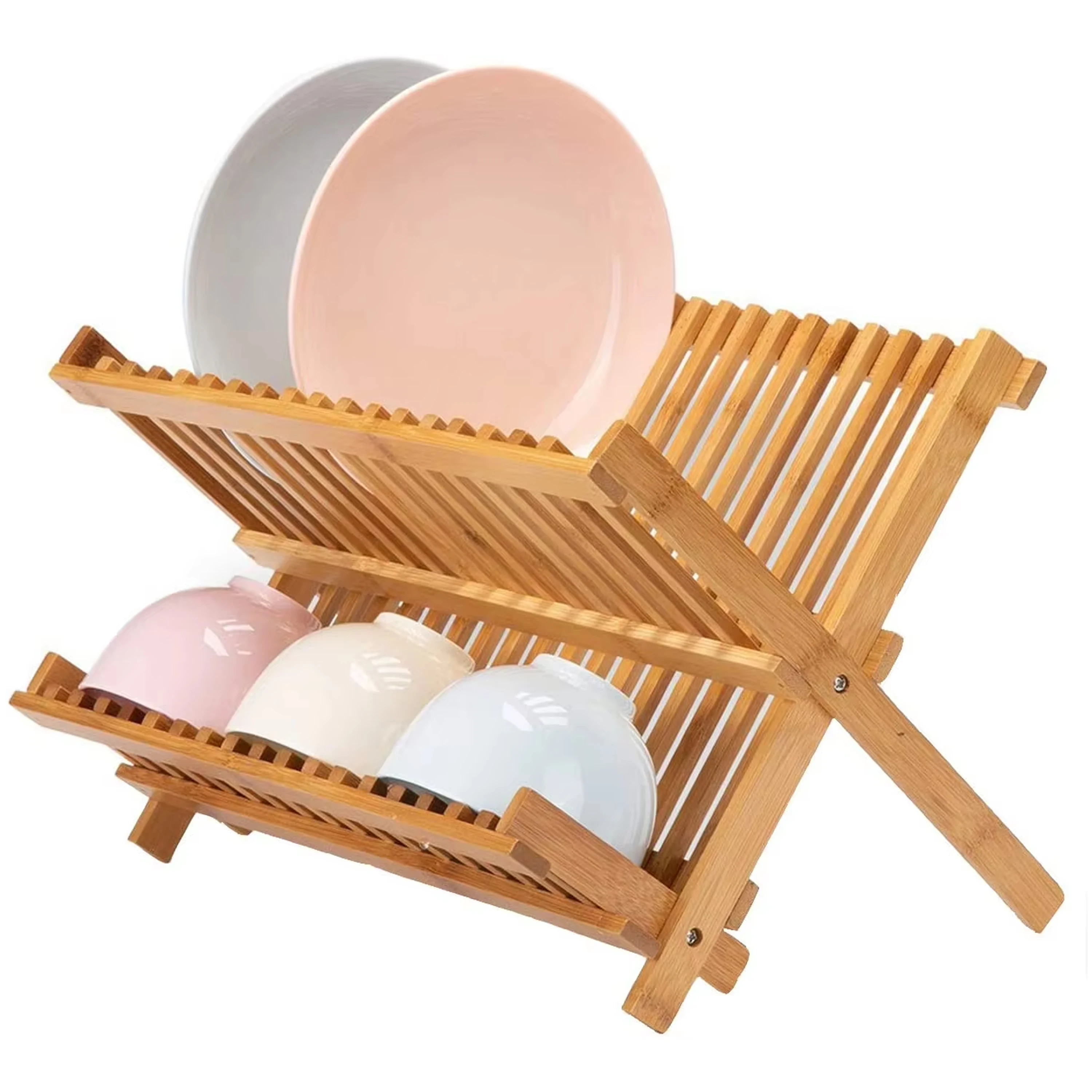 product bamboo dish drying rack 2 tier collapsible drainer kitchen countertop organizer foldable wooden plate rack-3