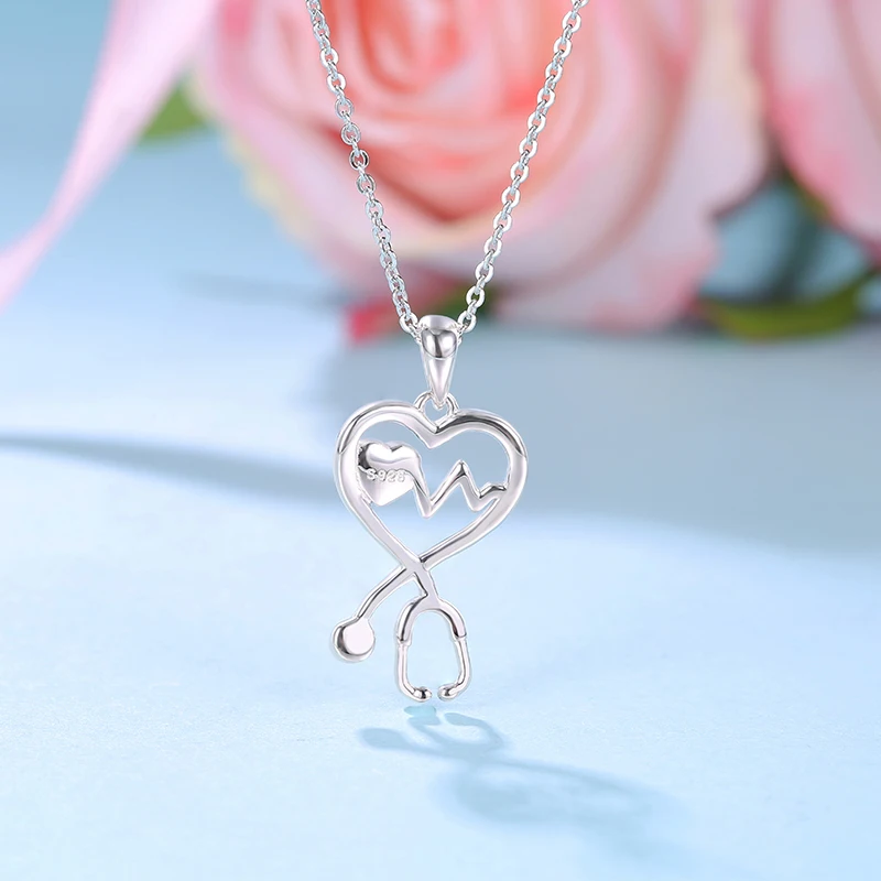 CDE YP1595 Unique Jewelry S925 Sterling Silver Heart-Shaped Pendant With Crystal ECG Line Design Heart Necklace