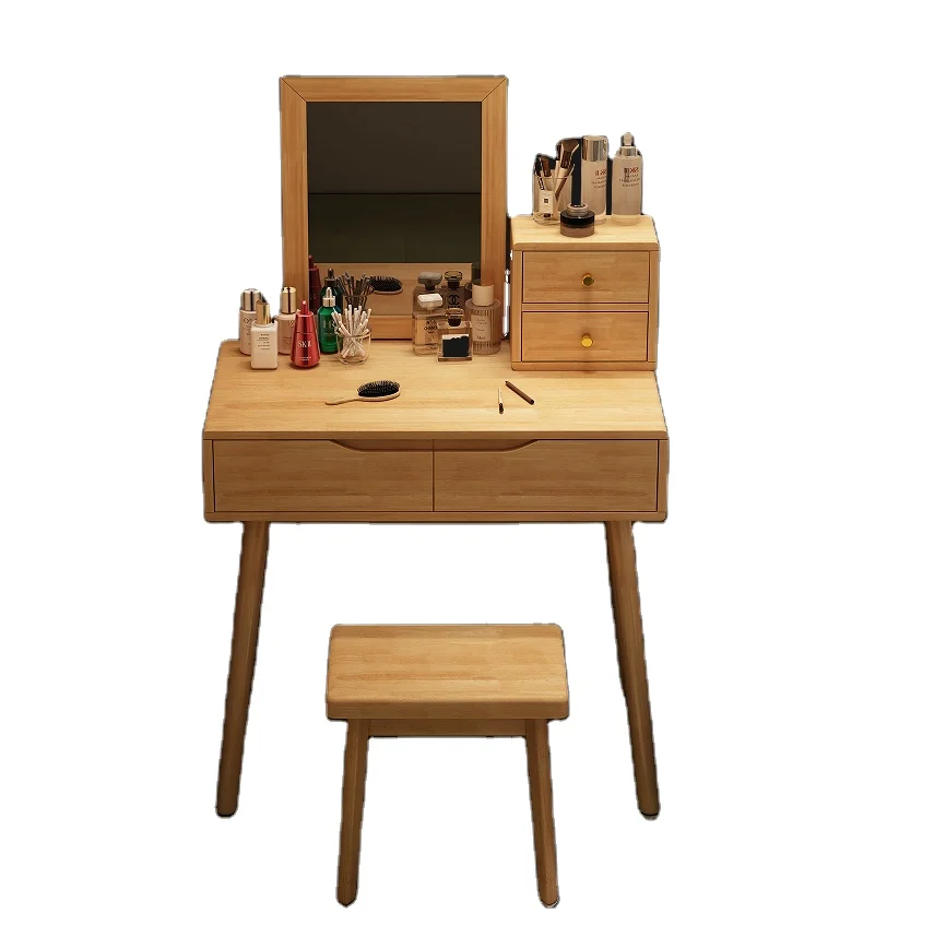 Wooden Oak Walnut Makeup Vanity Table with Round LED Lighted Mirror and Lots Storage for Girls Women Bedroom Studio.