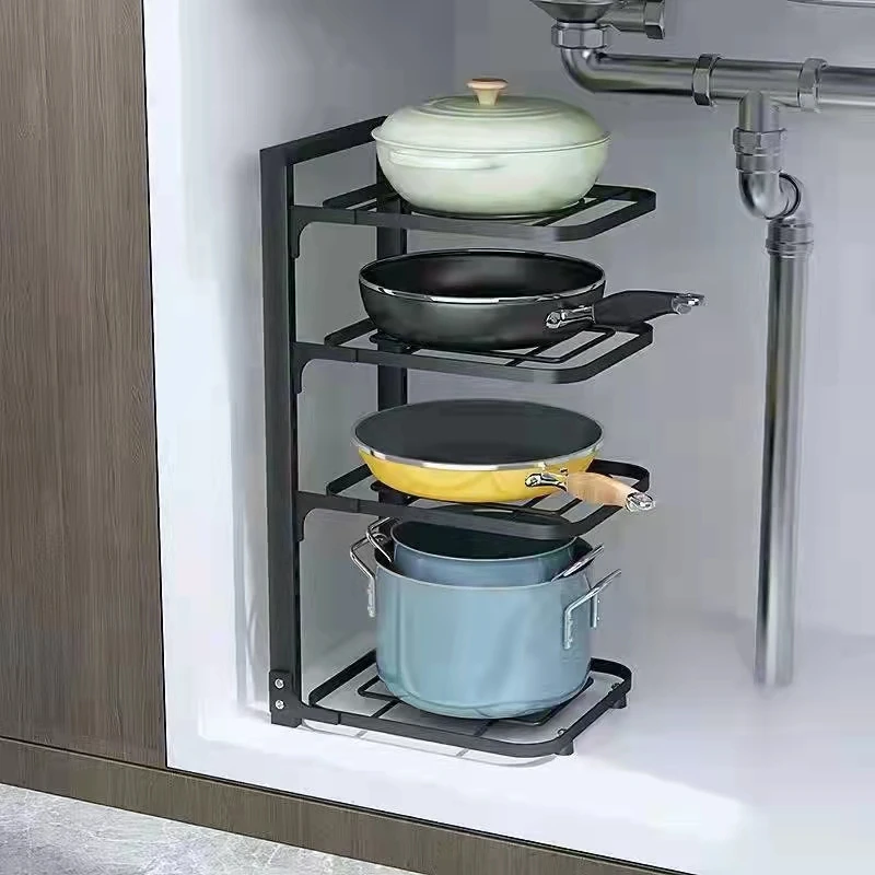 Multilayer Pot Holder Kitchen Countertop Storage Rack Corner Cabinet Pot Organizer Under The Sink removable black shelf