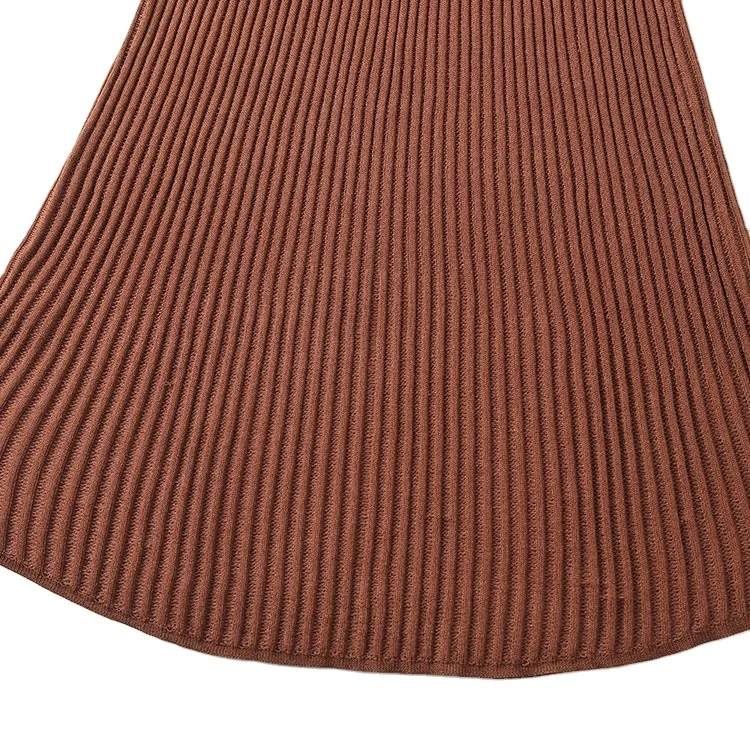 Professional Manufacturer Customized Brown Round Neck Long Sleeve Rib Knit Luxury Women Sweater Cheap Dress