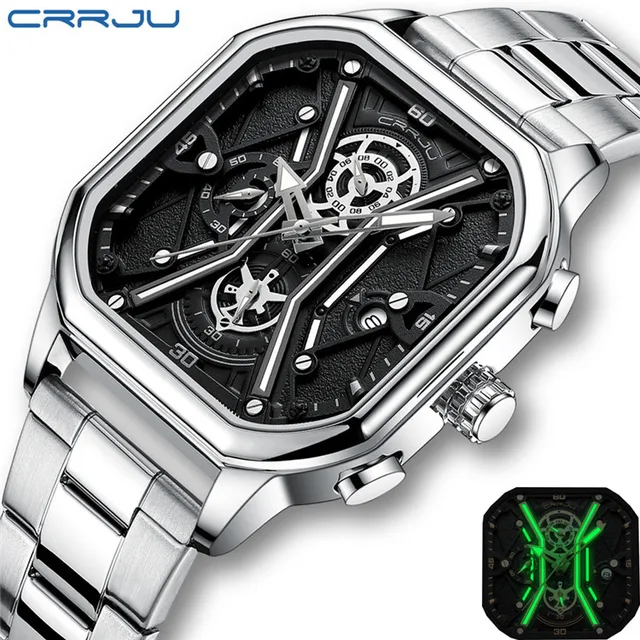 CRRJU 2313 Men Watch Casual Square Silver Quartz Watch Men Stainless Steel Strap Waterproof Time Code Illuminated Simple Clock
