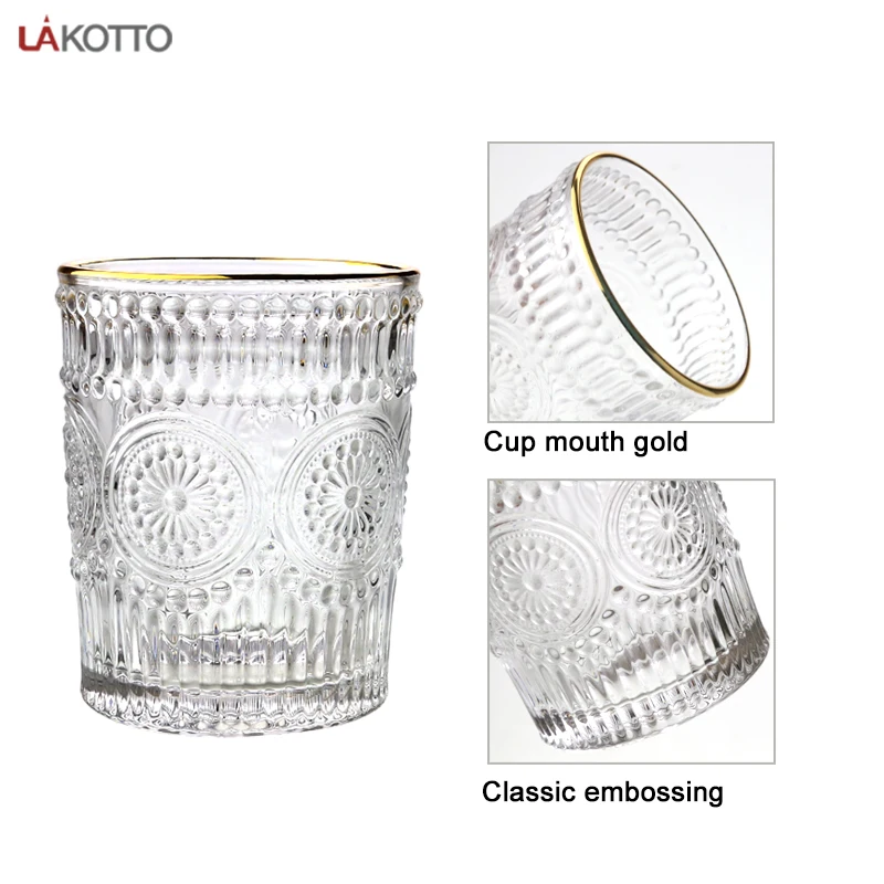 300ml wholesale customized high-end vintage patterned glass cup with gold rimmed mouth beer glass coffee mug