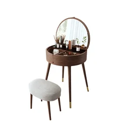 Jieshi Classic Bedroom Furniture Mini Walnut Wooden Round Dresser With Mirror
