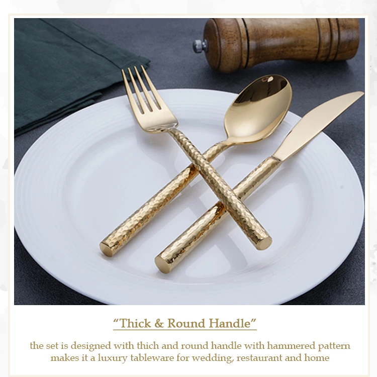 Heavy Silverware Wedding Stainless Steel 18/10 Titanium Plated Hammered Gold Cutlery Set