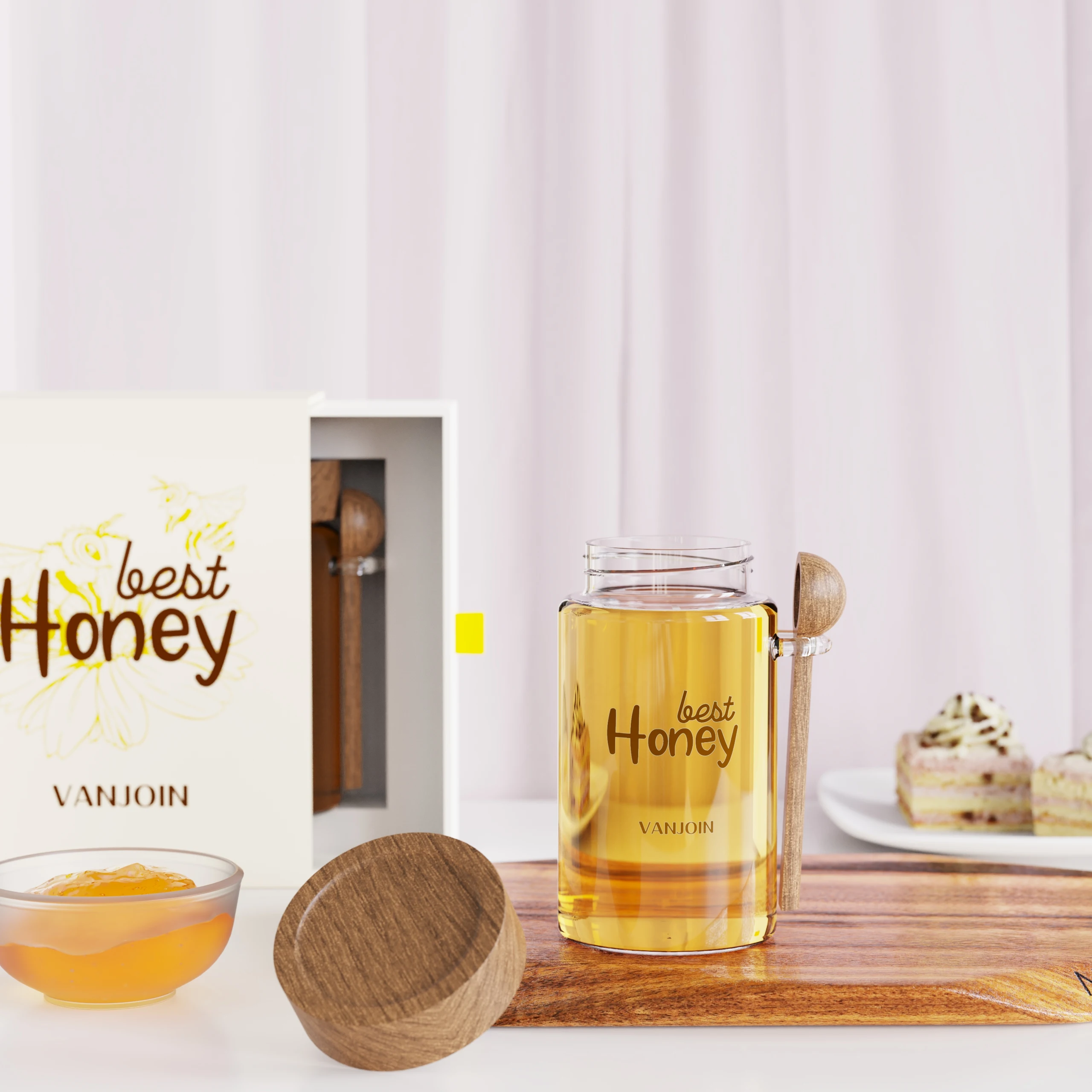 350ML 450ML 580ML Food Grade Glass Jars with Screw Lid for Honey Unique Glass Honey Jar With Dipper Spoon