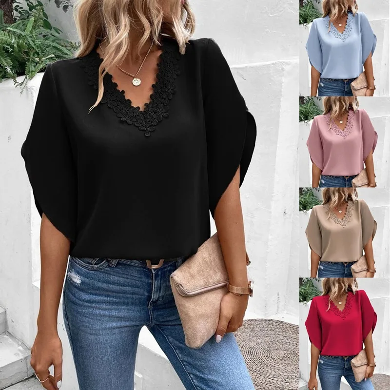 2023 Women Summer Tops Shirts Blouse New Solid Color T-shirt Lace V-neck Flare Sleeve Europe Casual Loose Shirt Blouse